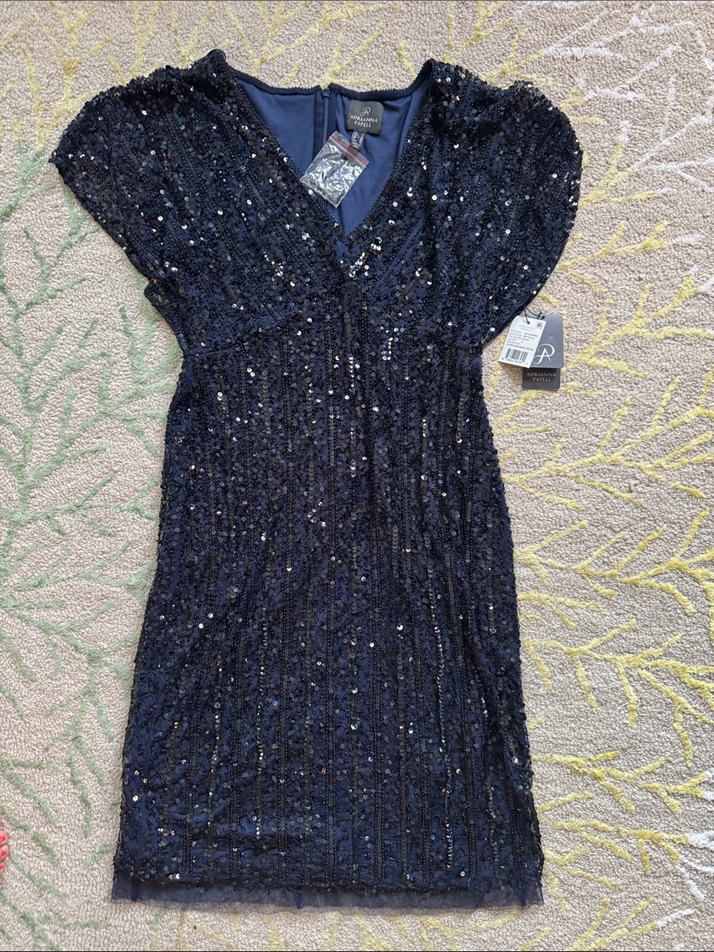 Adrianna Papell navy blue cocktail dress features all-over sequin 6 NWT